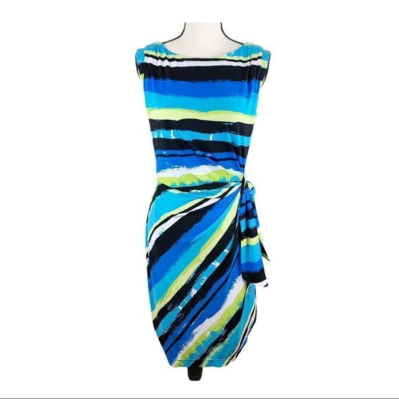 Tahari Bright Blue Multi Striped Side Draped Sleeveless Work Party Dress Sz 8 - Picture 2 of 13